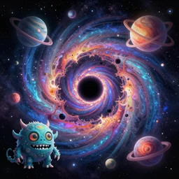 galaxy microcosm, double spiral, beautiful colors, space monster, phantasmagoria, vibrant, space, planets, black hole, illustration, trending on deviantart, 4 k