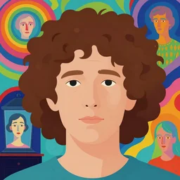 a colorful vibrant closeup portrait of a simple man with curly mid length brown hair with dreaming psychedelic hallucinations, by kawase hasui, moebius, edward hopper and james gilleard, zdzislaw beksinski, steven outram colorful flat surreal design, hd, 8 k, artstation