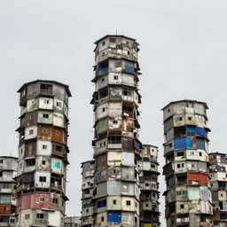 high towers made up of stacked makeshift squatter shacks with bleached colours, suspended, mamiya, 8 5 mm, uniform plain sky, fine details, photographed by michael wolf