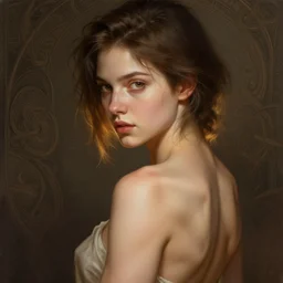 portrait of a young woman, soft features, muscular, half body, cloth, hazel eyes, short brown hair, back light, d & d, fantasy, intricate, highly detailed, digital painting, artstation, concept art, smooth, sharp focus, illustration, art by artgerm and greg rutkowski and alphonse mucha