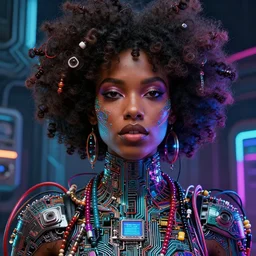 a cyberpunk mulatto beauty queen, by wlop, by justin bua, motherboard, circuitry, wires, neon lights, beads, curly afro, micro detail, octane render, physically based rendering, sci - fi, intricate, insane details, photorealism, 8 k, cgsociety