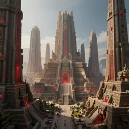 high tech futuristic aztec mayan city with skyscrapers, red lights, otherland, realistic, extremely detailed, cgi, trending on artstation, hyper - realistic render, hd wallpaper, sharp, very detailed, michael whelan