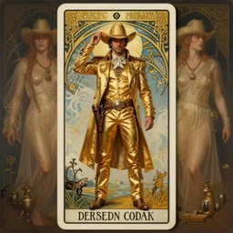 a dramatic ethereal epic symmetrical painting of a handsome cowboy in a gold outfit | tarot card, art deco, art nouveau,  (steampunk), homoerotic, realistic | by Dresden Codak, ((by Greg Rutkowski)), by Mark Maggiori and ((((Alphonse Mucha))) | trending on artstation
