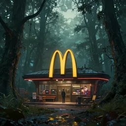 pristine mcdonald's in the apocalyptic forest, cyberpunk