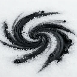 black oil swirls in white snow, liquid closeup, ultra macro, toned, cinematic, post - processing, organic