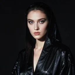 hyperrealism mixed with classicism, close - up portrait, fashion model, fully clothes in black reflect robe, complete darkness, in style of classicism mixed with 8 0 s sci - fi hyperrealism