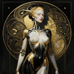 extremely psychedelic beautiful cyborg queen of lsd infected by night. intricate, elegant, highly detailed, extremely lifelike photorealistic digital painting, artstation. steichen, gaston bussiere, tom bagshaw, cyberpunk alphonse mucha. elegant minimalism. anatomically correct. sultry rage. sharp focus. gold and black, white accents. lifelike