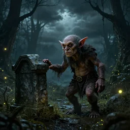 realistic rendering, a goblin near a crypt in a swamp at night, dnd, spook, stormclouds, fireflies, highly detailed, by jeff easley and larry elmore, 4 k, 5 0 mm, f 1. 4, iso 2 0 0, 1 / 1 6 0 s, natural light, adobe photoshop