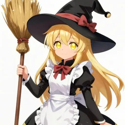 artwork portrait of cute witch marisa kirisame from touhou project, marisa kirisame touhou artwork black black hat hat broom blonde hair ultradetailed sparkling yellow eyes maid dress white apron by greg rutkowski makoto shinkai sakimichan key art 4 k 8 k ultrahd trending award winning