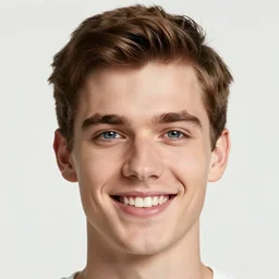 a photographic portrait of a young Caucasian man smiling with short brown hair that sticks up in the front, blue eyes, groomed eyebrows, tapered hairline, sharp jawline, wearing a purple white volleyball jersey, sigma 85mm f/1.4, 15mm, 35mm, 4k, high resolution, 4k, 8k, hd, full color