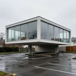 modern suspended mies van der rohe cantilevered house design with parking underneath, elevated on piers, photorealistic, drizzly day, wet ground, glass windows, simple like farnsworth house