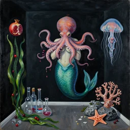 a dark apartment with black walls, portrait of a mermaid holding an octopus, berries dripping juice, pomegranate, jellyfish, seaweed, berries, trash, starfish, coral, rocks, seaweed, empty pet bottles, scientific glassware, by magritte, neo - expressionism, surrealism, acrylic and spray paint and oilstick on canvas