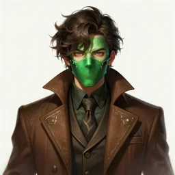 a highly detailed illustration of young thick wavy messy haired guy wearing green face mask and brown noir coat intricate, elegant, highly detailed, centered, digital painting, artstation, concept art, smooth, sharp focus, league of legends concept art, wlop
