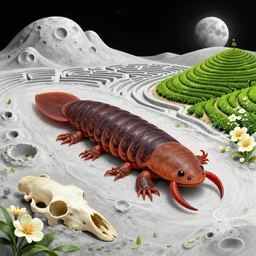 huge woodlouse, axolotl, bones of dead animals, solovetsky labyrinths, a landscape on the moon with many craters, tea terraces, a beautiful flowering garden, a lot of exotic vegetations, trees, intricate detaild, pale colors, 8 k, in the style of martin johnson heade and roger dean