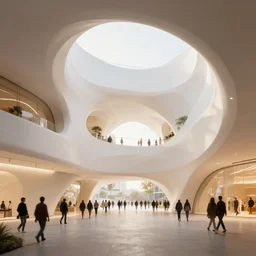 the inside of a building designed by zaha hadid, octane render, warm colour scheme, white, cinematic, scenery, high detail, high quality, close up angle, people walking