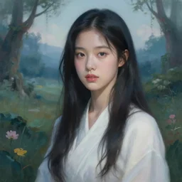 allegorial portrait of a beautiful hoyeon jung in a scenic otherworldly environment by yoann lossel + martine johanna
