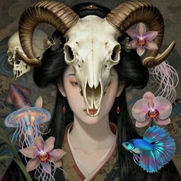 goddess close - up portrait. classical japanese painting. human skull, ram skull, squid phoenix jellyfish, orchid, betta fish, bioluminiscent, intricate artwork by tooth wu and wlop and beeple. octane render, trending on artstation, greg rutkowski very coherent symmetrical artwork. cinematic, hyper realism, high detail, octane render, 8 k