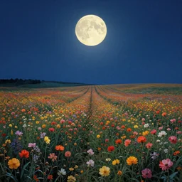field of flowers at night, lit by moonlight, grand landscape art by donato giancola and greg rutkowski, vintage retro, digital art, trending on artstation, symmetry!!, volumetric lighting