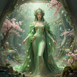 portrait of Arden Cho as a  everreaching Goddess of despair, a futuristic diety, inside future fighter, sci-fi, fantasy, intricate, lush garden spaceship with sakura season flowers, elegant, human anatomy, royal green and nature light, highly detailed, digital painting, artstation, concept art, smooth, sharp focus, illustration, art by tian zi and WLOP and alphonse mucha, masterpiece, 3d blender, mitch foust, Clyde Caldwell, brom