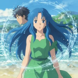 makoto shinkai, ilya kuvshinov, beautiful kristen bell with green dress, very long blue hair, water powers water swirling, symmetrical face, symmetrical eyes, detailed, beach setting, cinematic lighting