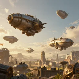 Steampunk epic battle Airships, hyperdetailed, artstation, cgsociety, golden hour 8k