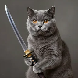 an anthropomorphic grey british shorthair cat holding a beautiful katana, diffuse lighting, fantasy, intricate, elegant, highly detailed, lifelike, photorealistic, digital painting, artstation, illustration, concept art, smooth, sharp focus, naturalism, trending on byron's - muse, by greg rutkowski and greg staples and alphonse mucha
