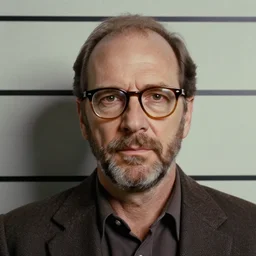1970s of Mugshot Portrait of a middle aged old Bryan Cranston with glasses and no beard, with very short hair and a receding hairline, dressed in 1970s menswear, taken in the 1970s, photo taken on a 1970s polaroid camera, grainy, real life, hyperrealistic, ultra realistic, realistic, highly detailed, epic, HD quality, 8k resolution, body and headshot, film still, front facing, front view, headshot and bodyshot, detailed face, very detailed face