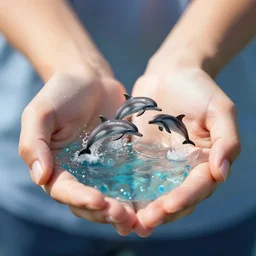 a miniature oceans held in someone's cupped hands, dolphins jumping,