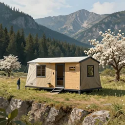 cabela's outdoors popup micro - compact modular home, quick assembly, glamping, airbnb, temporary emergency shelter, person in foreground, cliffside mountainous forested wilderness open fields, beautiful views, photorealistic painterly advertising concept art, sharp focus, joanna gaines, farmhouse, magnolia, architectural concept art painting