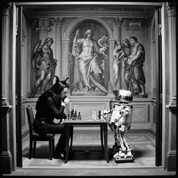 1 9 6 0 s movie still by tarkovsky of satan and r 2 d 2 playing chess in a tiny neoclassical room, open doorway, cinestill 8 0 0 t 3 5 mm b & w, high quality, heavy grain, high detail, panoramic, ultra wide lens, cinematic composition, dramatic light, anamorphic, raphael style, piranesi style
