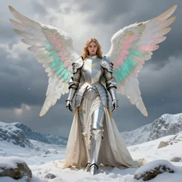 full armor angel, big wings, hudson river school, full plate armor with cloth, f 1 6, bokeh, gentle, female, snowy mountain, storm clouds, god rays, landscape, d & d, fantasy, elegant, teal pink white gold color palette, concept art, roger deakins and greg rutkowski and alphonse mucha