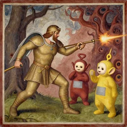 Medieval fresco of the Main Character from Doom Eternal fighting and shooting The Teletubbies in hell, 4k, highly detailed,