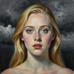 professional painting of Elle Fanning in the style of Remedios Varo, head and shoulders portrait, symmetrical facial features, smooth, sharp focus, illustration, intricate, stormy weather, extremely detailed masterpiece,