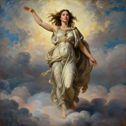 Full body oil painting of the beautiful goddess Gal Gadot, she is wearing a peplos and a surreal ornate, her hair is natural disheveled, she is approaching heaven over the clouds, naturalism, dramatic lighting, high-detailed oil painting by Ilya Repin, Michelangelo da Caravaggio, William Blake, Alex Grey and Beksinski, trending on Artsation, hystorical painting, naturalism, masterpiece, 4k, 8k,