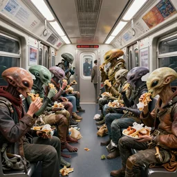 hyperrealistic poster from new scifi movie with subway car full of different alien species eating garbage, deep displacement, back light, sharp reflections, raytracing, raymarching, subsurface scattering, by bernie wrightson, rendering in octane, color grading by digital domain
