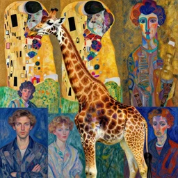 a elegant giraffe!!, psychedelic, patterned skin, trending on artstation, photorealism!!, vibrant colors, digital art, in the style of harumi hironaka, gustav klimt, egon schiele, coby whitmore, david bates, monet, lisa frank, picasso, h r giga.