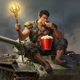 a filipino man sitting on a tank holding a scepter and eating popcorn, fantasy, digital painting, volumetric light, intricate, sharp, focus, bloom, illustration, highly detailed, concept art, matte, ruan jia, randy vargas, greg rutkowski