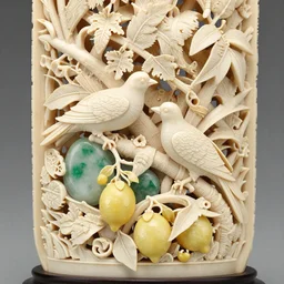 a intricate ivory carving sculpture with birds lemons jade stones and jungle leaves, ornate, complex, highly detailed, fine detail