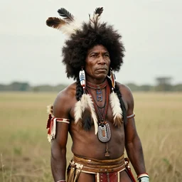 very old photo depicting a black native american warrior man with afro, feathers in hair, hyper realism, photo real, photographed by thomas easterly, full frame,,