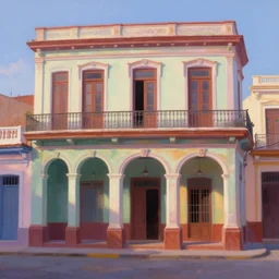 beautiful painting of cuban houses an storefront, colonial architecture, intricate and smooth colors, front view, trending in artstation, painterly, dawn light, art style by disney and pixar