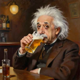Painting of Albert Einstein drinking beer at a pub