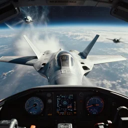 film still pov from the cockpit of a space fighter during an epic space battle, slight motion blur, 4k