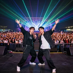 two friends looking at the camera dancing at a concert with a huge crowd and lasers, hyper detailed, octane render, vivid colors, artstation, professional photography