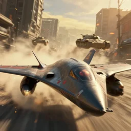 macro closeup photo of combat tesla hover harrier jump jet tank being chased in a post apocalyptic fallout 4 city, 3 pm, smoke, dust, embers, mad max, action, speed, rocket league, volumetric lighting, hdr, need for speed, gta 5, ridley scott, syd mead, craig mullins, cinematic, blade runner, octane