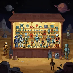 in front of a store selling robots and robot parts, in a remote outpost, on an alien planet, from a space themed point and click 2 d graphic adventure game, set design inspired slightly by ( tomb raider ), art inspired by [ thomas kinkade ] and [ [ mark keathley ] ] and tyler edlin