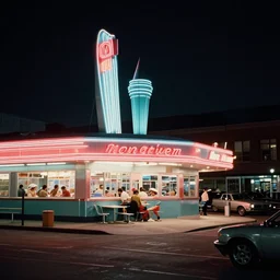 color street view in america of market district at night, diner, from 1 9 7 2, retro futurism on 3 5 mm color film