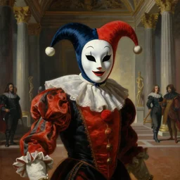neoclassical portrait of a jester wearing a mole mask in the prince's temple, by jacques - louis david, by greg rutkowski, by zdzisław beksinski, by josep tapiro baro, trending on artstation, featured on pixiv, masterpiece, oil on canvas, cinematic composition, dynamic beautiful lighting,