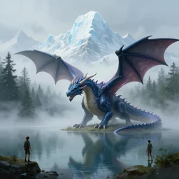 lightning dragon, big lake, misty, foggy, forest, big ice mountain in background digital painting, artstation, sharp focus, illustration, art by artgerm and irakli nadar and greg rutkowski and alphonse mucha