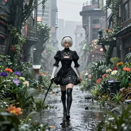 nier automata yorha type 2 b walking in post apocalyptic flooded city, rainy melancholy day, dense vegetation, unreal engine, cryengine, epic engine, volumetric lighting, ray tracing, rtx on, exposure, god rays, overcast, ambient lighting, blooming flowers, 3 d render, cinematic, subtle dof