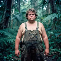 film still, extreme far view, extremely fat obese redneck in dirty overalls, jungle, vietnam door gunner, apocalypse now, associated press,, 2 6 mm, kodak ektachrome, blue tint expired film,